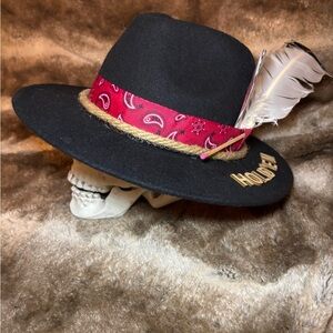 Black Hat with Red Band and Feather